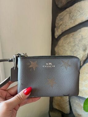 Coach Saffiano Leather Metallic Silver Star-Pattern Wristlet